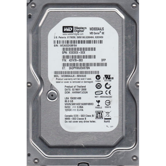 WD800AAJS-60WAA0, DCM HHRNHTJCGN, Western Digital 80GB SATA 3.5 Hard Drive