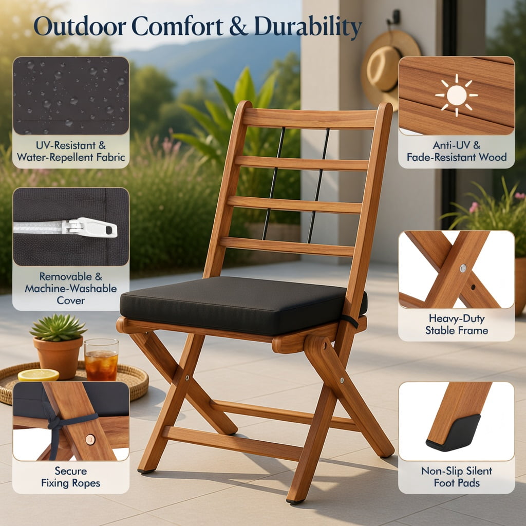 Hommoo 3-Piece Acacia Wood Folding Patio Bistro Set with Cushions, Outdoor Dining Set for Balcony, Porch & Garden, Gray