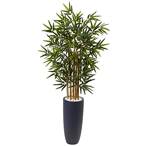 Nearly Natural 4ft. Bamboo Tree in Gray Cylinder Planter Artificial Plant, Green