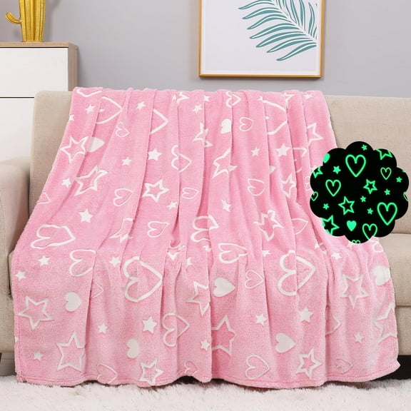 Glow in The Dark Heart Stars Blanket,Pink Throw Blanket Birthday Gift for 2 3 4 5 6 7 8 9 10 Year Old Kids Girls - Heart Flannel Throw Blanket Glowing Luminous Birthday Valentines Gifts,50"x60"