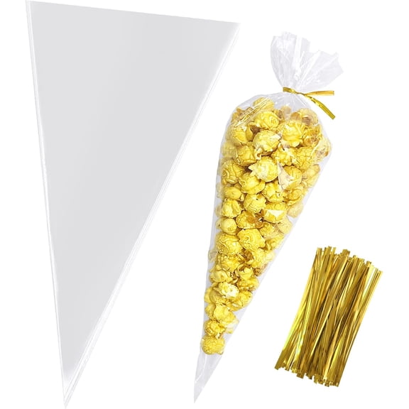 50PCS Cone Treat Bags, 8*15 Inches, Clear Cellophane, with Twist Ties, for Treats, Popcorn, Candy, Party Favors