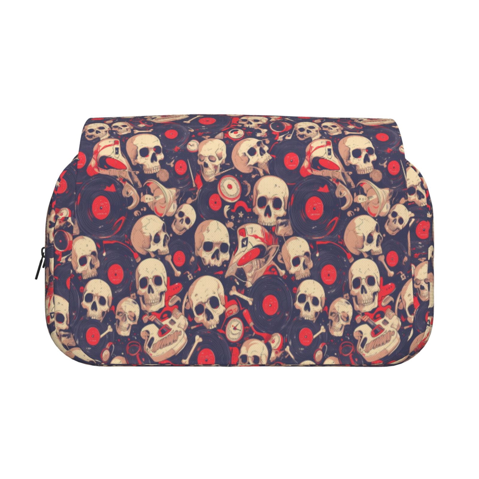 Rateoe Skull rock music record Pattern Double Clamshell Pen Case, Storage Organizer with Two Zipper Compartments– Holds Up to 50 Pencils & Pens