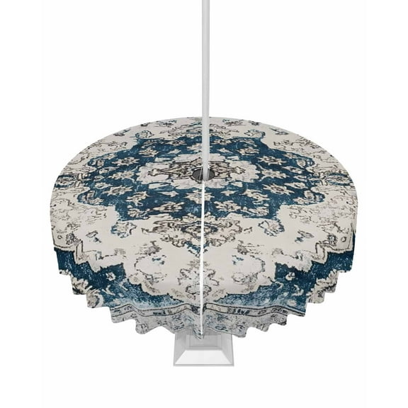 nqOlkjepod Retro Boho Floral Outdoor Tablecloth with Umbrella Hole & Zipper, Vintage National Flower Blue Round Table Cover 54 Inch, Dining Waterproof Table Cloth Protector for Patio/Party/Picnic