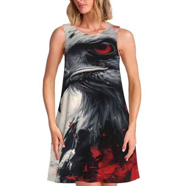 Balery Red Black Ink Style Bald Eagle Vestidos de verano para mujer con estampado: vestido holgado sin mangas, vestido playero informal y cómodo para días calurosos.