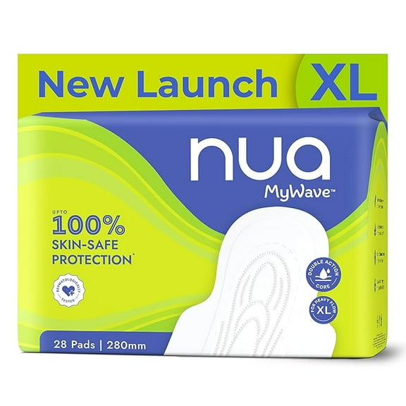 Nua MyWave XL Sanitary Pads for Women | Heavy Flow Period Pads | Super Soft, Rash-Free, Leak-Proof | Super Absorbent | Pack of 28 | Individually Wrapped | 280 mm