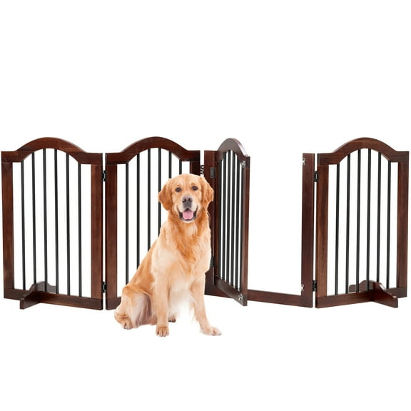 TrumanPick Free Standing Pet Gate with Door 30"H x 96"W Foldable Dog Gate 4 Panels Solid Wooden Dog Fence Indoor with Support Feet for House Doorways Stairs, Brown