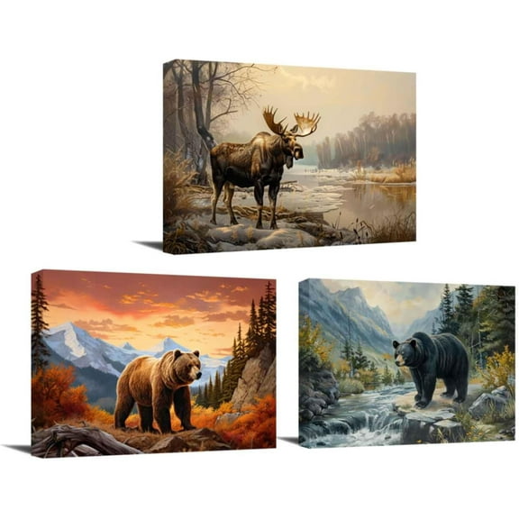 Hieng Wildlife Canvas Wall Art 3 Pieces Forest Wild Animal Poster Prints Rustic Wilderness Animal Forest Painting for Farmhouse Cabin Home Decor(canvas only)