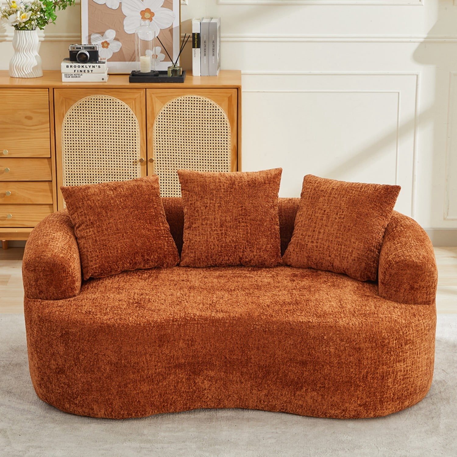 Curved Loveseat Sofa Chenille Upholstered Deep Seat 2 Seater Couch with 3 Pillows No Assembly Required for Apartment Living Room Bedroom, Orange