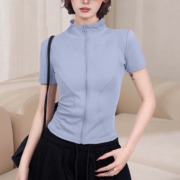 Uootdi Workout Tops for Women Zipper Standing Collar Running Yoga Short Sleeve Slim Fit Casual Sports Workout Tops Gift