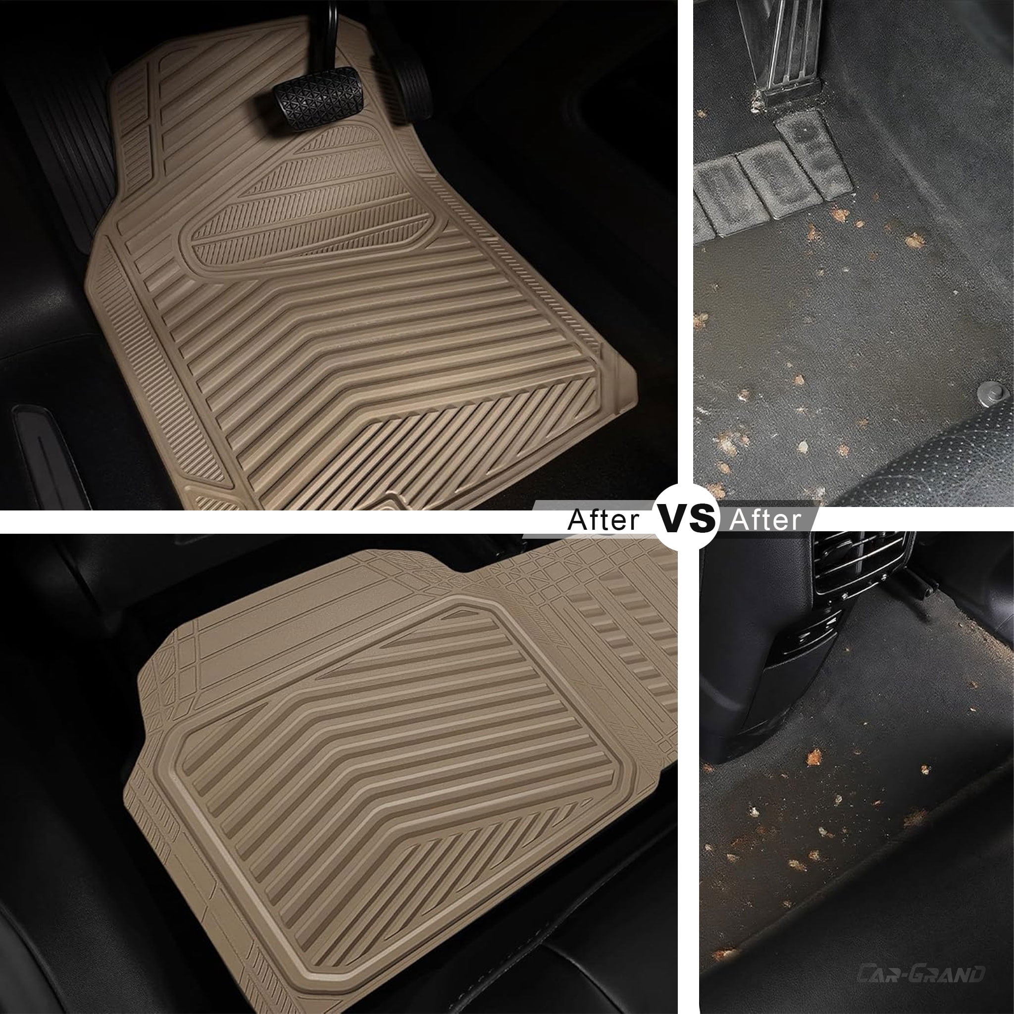CAR GRAND Rubber Car Floor Mats, All Season All Weather Waterproof Automotive Mats Full Set 3 Pieces, Trim to Fit for Cars Sedans SUVs Trucks, Anti-Slip Easy Clean, All Beige