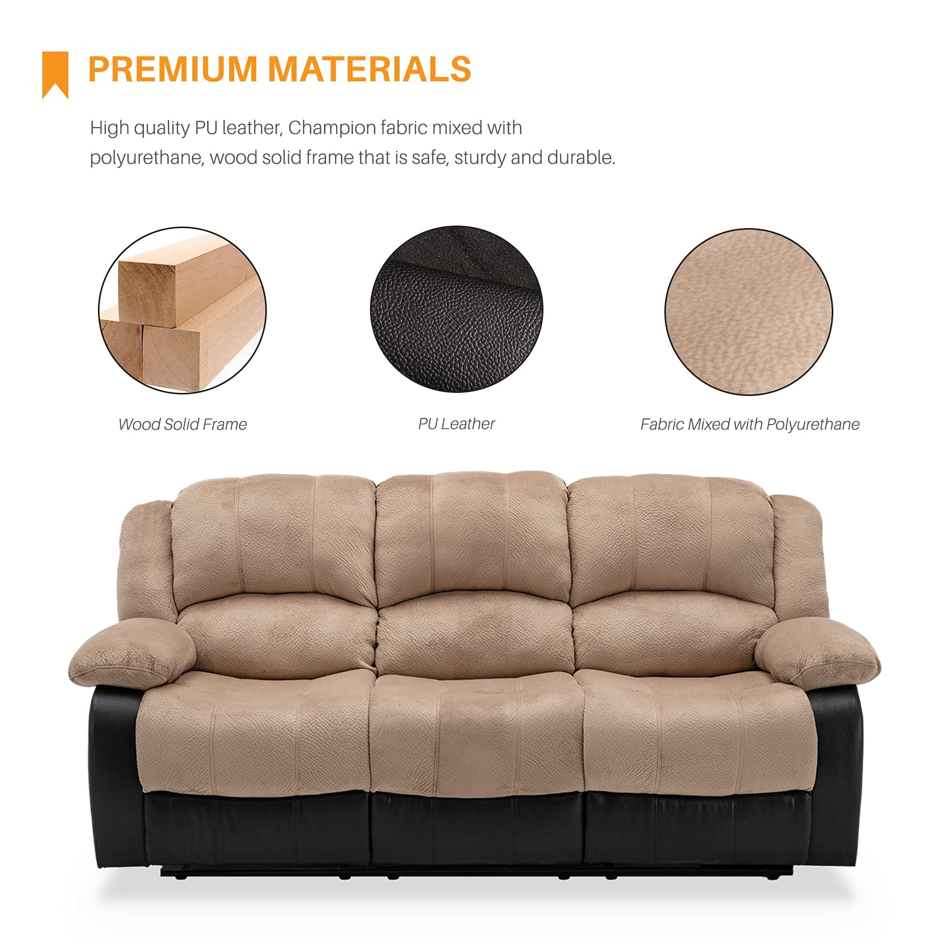 Nathaniel Home Champion Manual Double Reclining Sofa, PU Leather Upholstered 3-Seat Couch, Tufted Recliner, Plush Scoop Seating, for Living Room Home Theater, Beige Adult