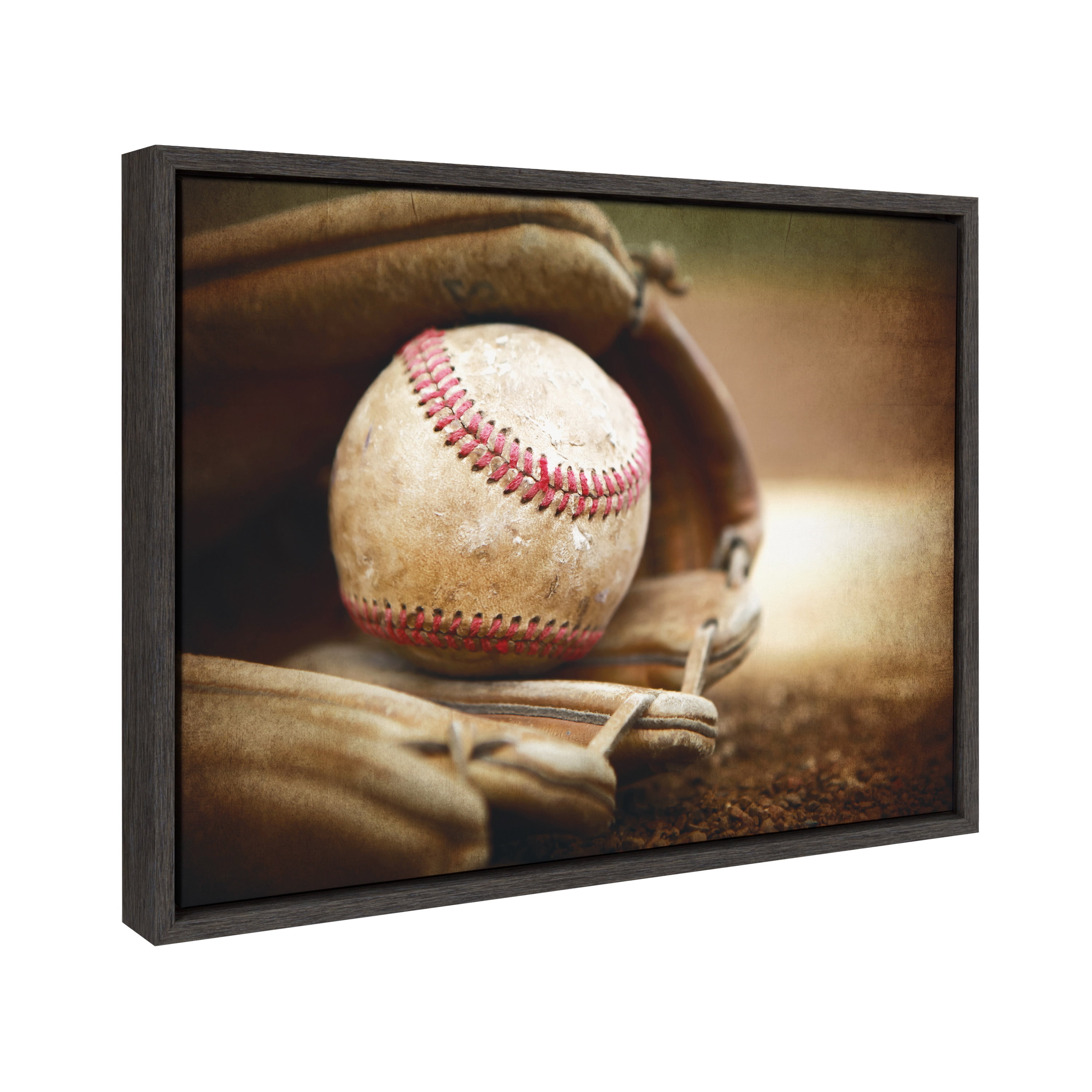 DesignOvation Sylvie Baseball Glove at Home Plate Framed Canvas By Shawn St. Peter, 18x24 Dark Grey, Transitional Sports Wall Decor For Office, Bedroom, Or Living Room