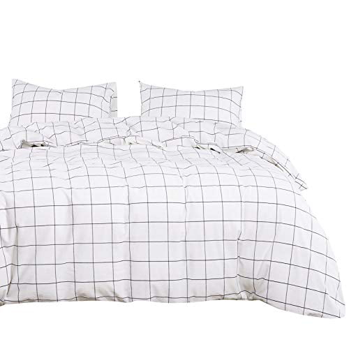 Grid Comforter Set White with Black Grid Geometric Modern Pattern Printed 3pcs, Twin Size Soft Microfiber Bedding Wake In Cloud 
