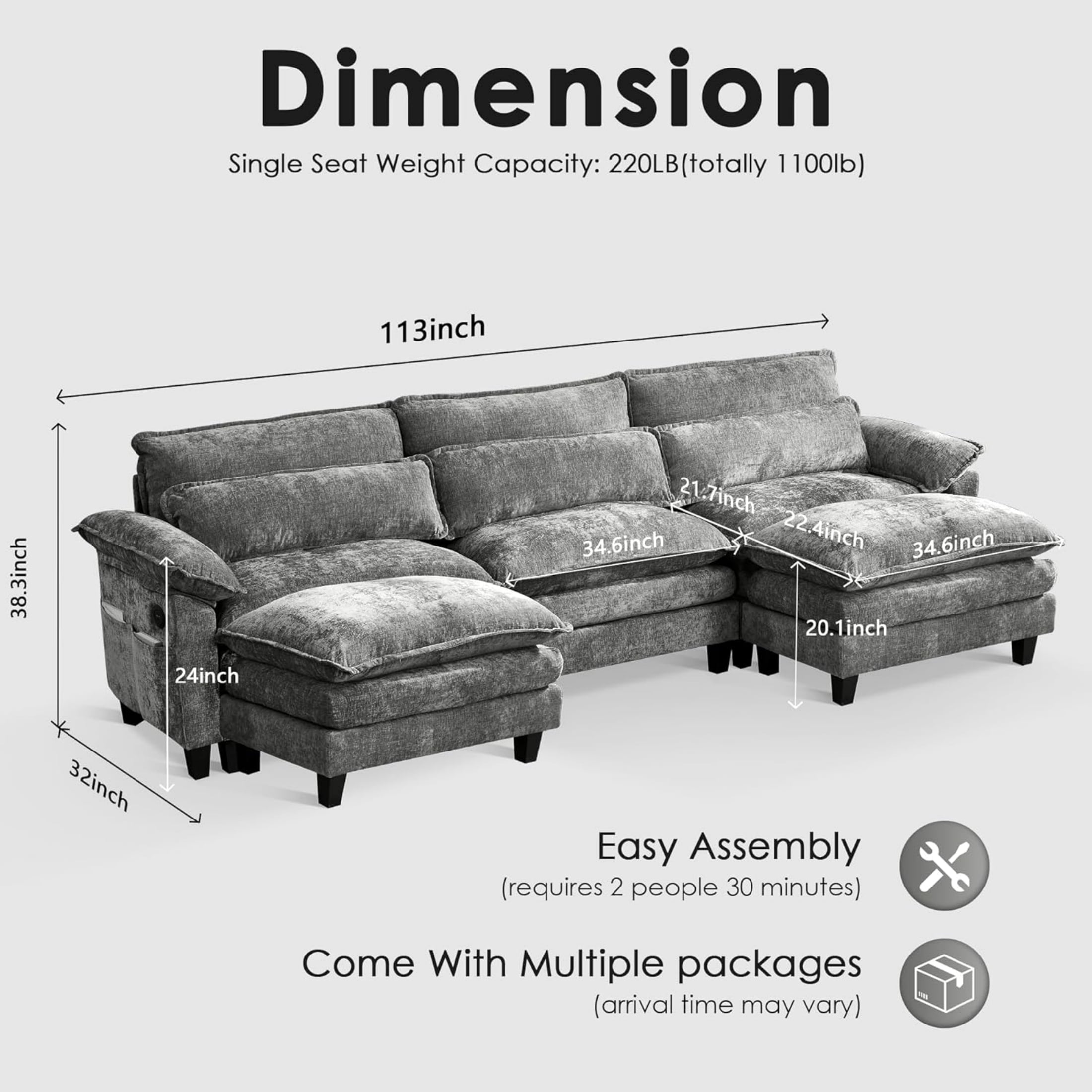 EPOWP Cloud Modular Sectional Sofa with Movable Ottoman, Comfy U Shaped Couch for Living Room, Chenille, 5-Seat, Stardust Gray