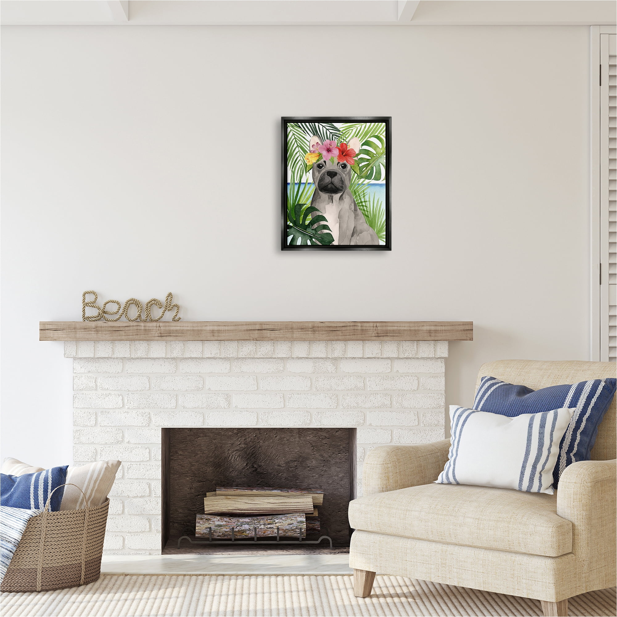 Stupell Industries Tropical French Bulldog Animals & Insects Painting Black Floater Framed Canvas Art Print Wall Art, 17 x 21