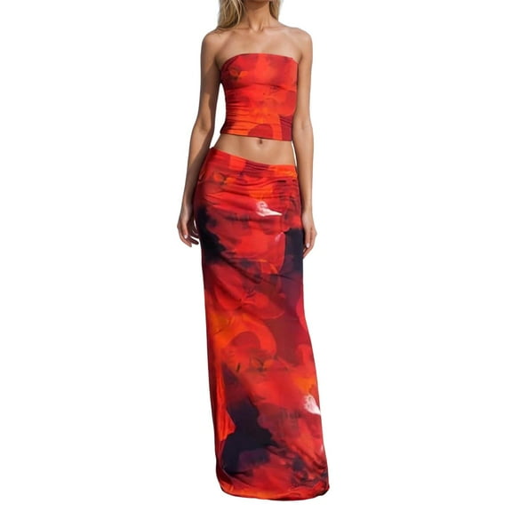 WENWU 2 Piece Skirt Sets for Women Summer Floral Sleeveless Tube Top Bodycon Maxi Skirts Going Out Outfits Two Piece Long Formal Dress Evening Women Formal Dress