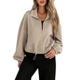 thumbnail image 2 of Chaqueta de Béisbol Holgada Informal con Cuello Alto, Cremallera y Dobladillo con Cordón Ajustable para Mujer. Caqui S, 2 of 10