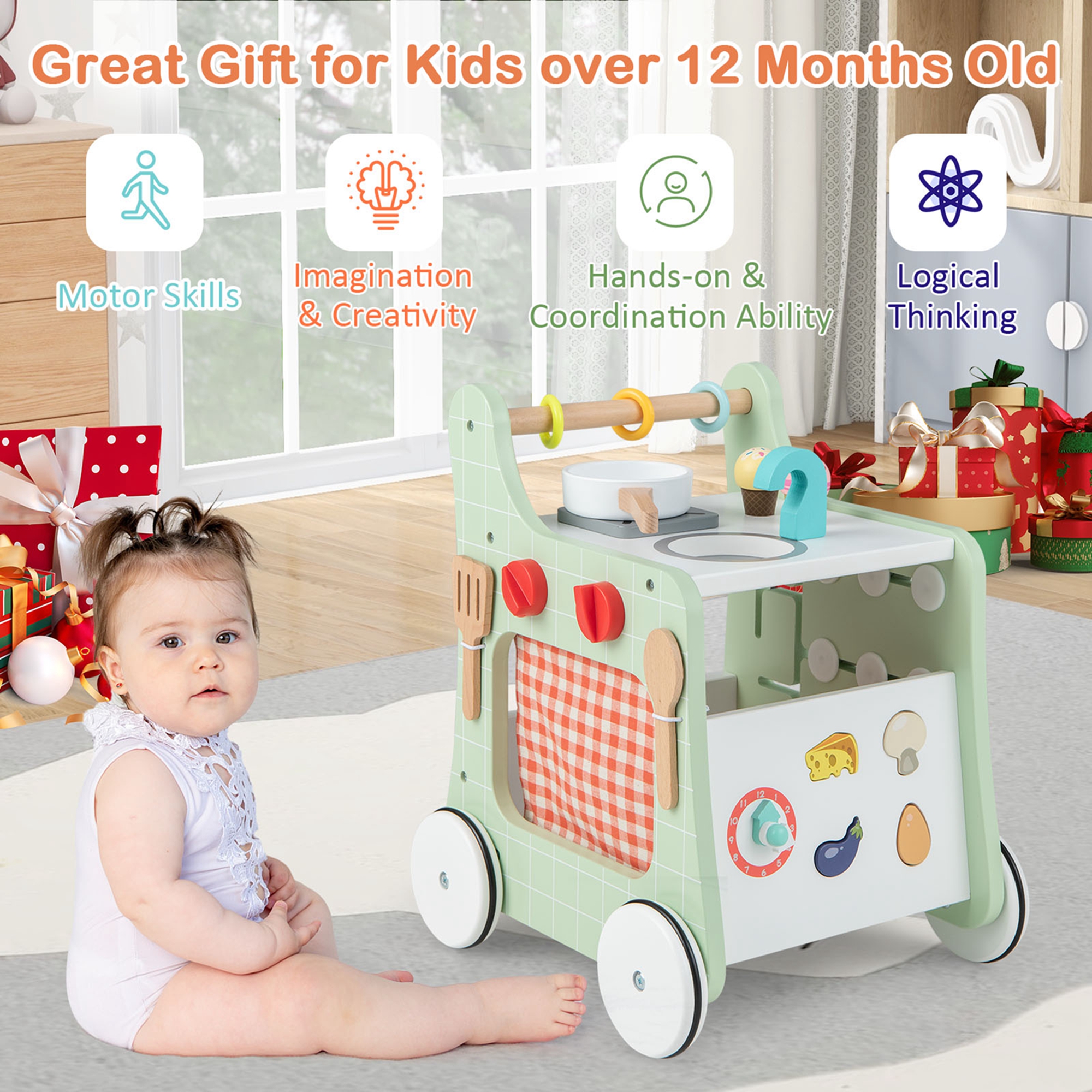Costway 6-in-1 Baby Push Walker Wooden Strollers Learning Activity Center Toy with Kitchen 12+ months+ Green