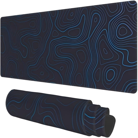 GJX Large Gaming Mouse Pad 31.5 x 11.8 Inches, Blue Black Topographic Desk Mat, Non-Slip Extended Keyboard Mousepad for Office & Home