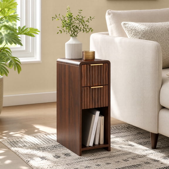 Spruce & Spring Fluted Slim Side Table with 2 Drawers & Open Shelf for Bedroom, End Table for Small Spaces, Walnut