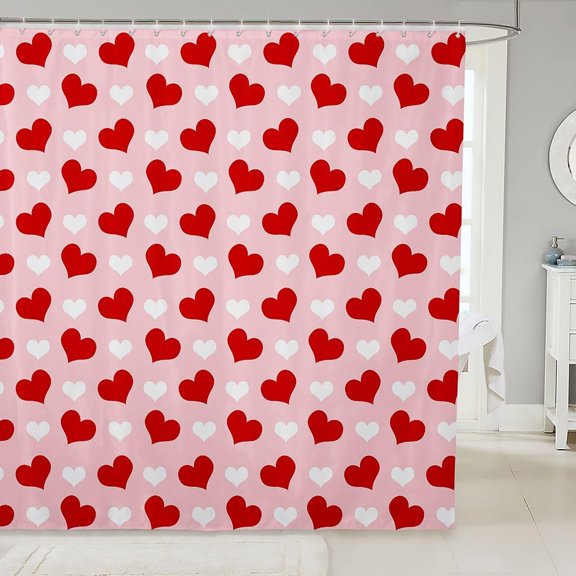 Pink And Red Heart Shower Curtain For Bathroom Romantic Love Pattern Fabric Bath Curtains With Hooks Waterproof 71x71 Inches