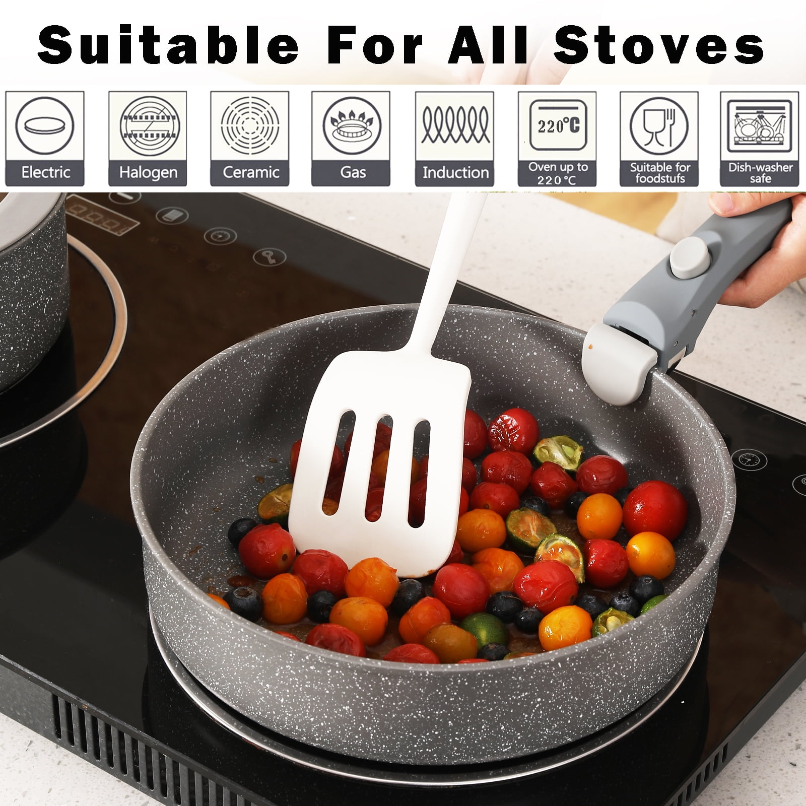 Vkoocy 9 Piece Nonstick Ceramic Cookware Set Pots and Pans Set with Removable Handle Detachable Handle Grey