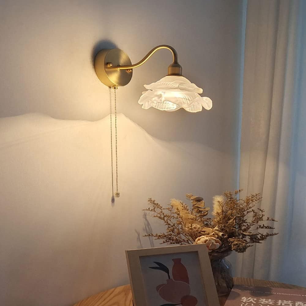 Elegant Copper Wall Sconce Modern Wall Light with Pull Chain Switch, Glass Wall Lamp Shade in Flower Shape, Nordic Wall Mount Lighting Fixtures for Living Room Bedroom