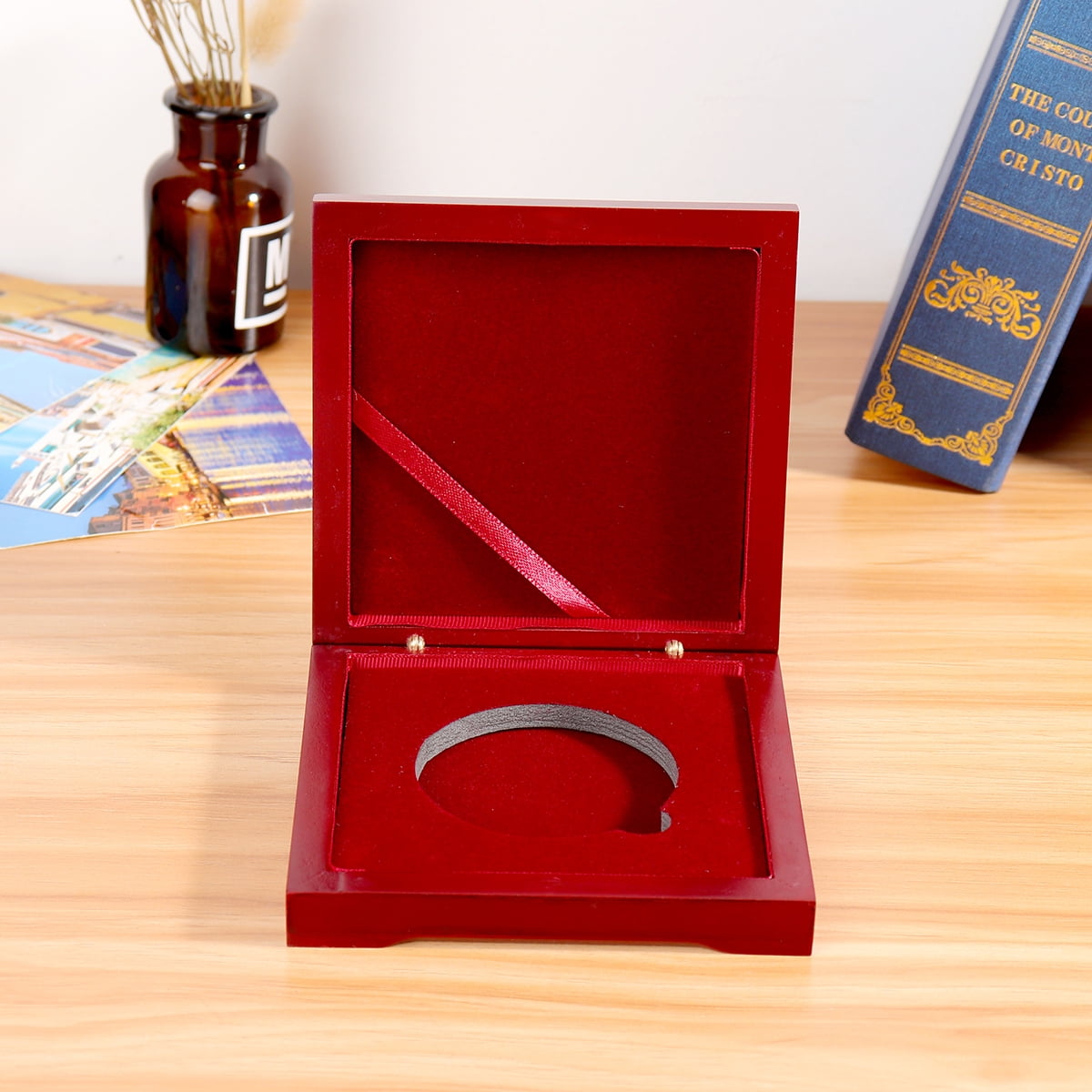 Wooden Single Coin Badge Display Storage Box Collectible Case for Coins