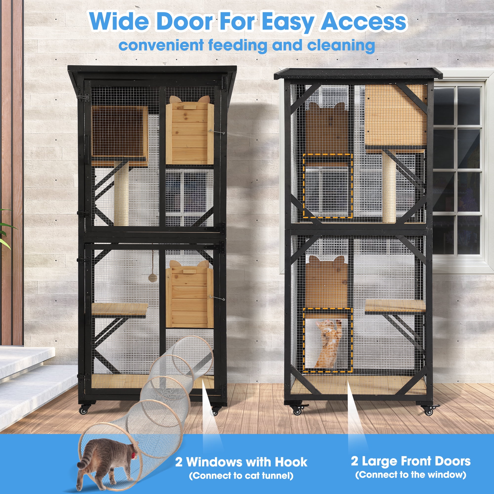 Haverchair Catio Outdoor Cat Enclosure with Scratcher - 4-Tier Large Indoor Wooden Window Catio Cat House W/Asphalt Waterproof Roof, Wheels, Resting Box, Platforms, Cat Toys Ball, Pet Cage Playpen