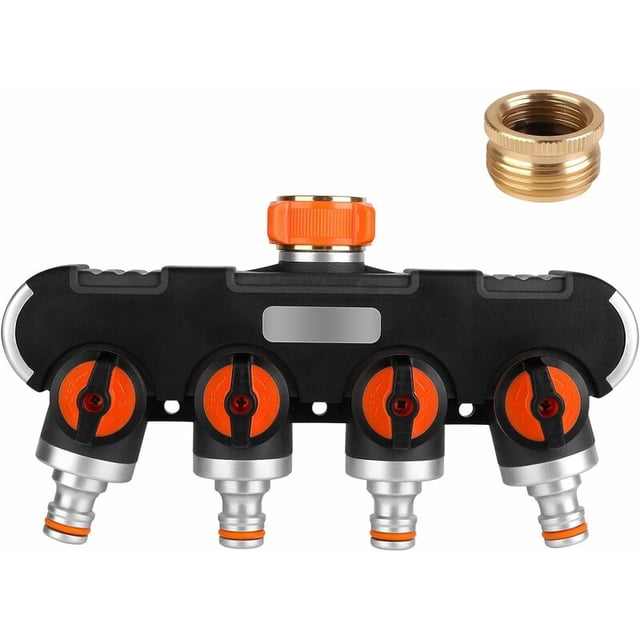 Distribuidor de 4 vías: Distribuidor de agua 3/4 y 1/2 con grifo distribuidor de agua, para conexión simultánea de cuatro aparatos, cuatro salidas orientables, adaptador para riego de jardín.