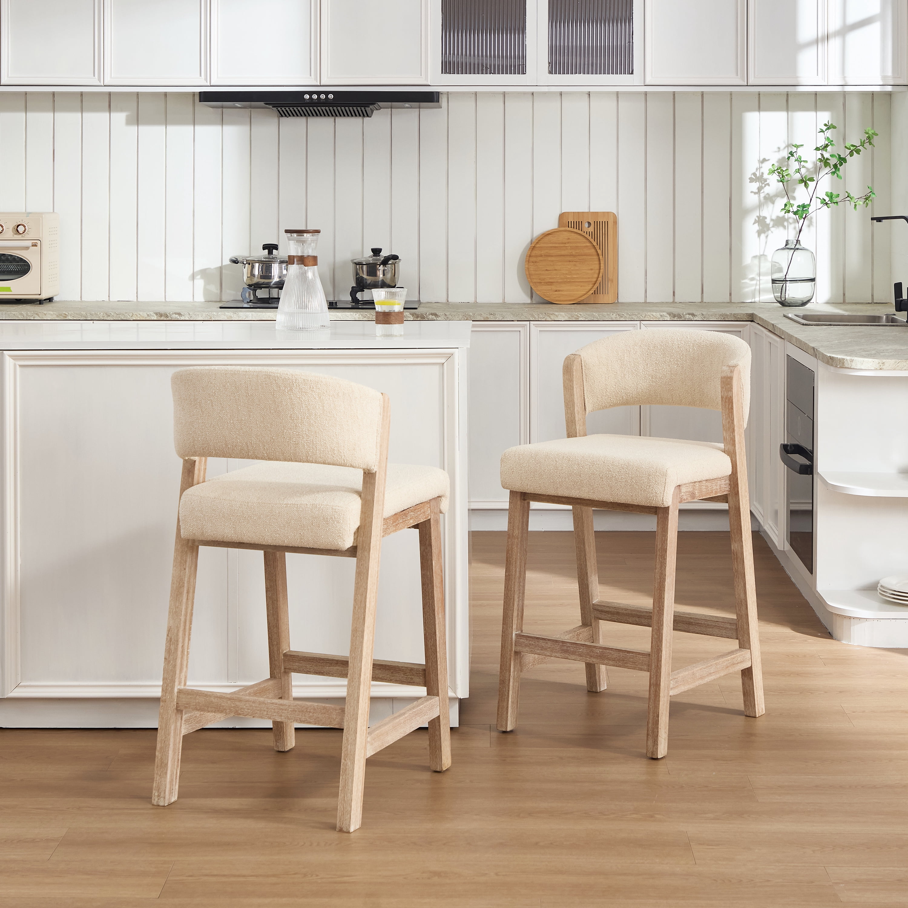 Zesthouse 26.2″ Counter Height Wooden Bar Stools Set of 2, Linen Upholstered Barstools with Curved Backs, Thick Cushion, Vintage Brushed Brown Wood Legs, Modern Bar Chairs for Kitchen Island, Beige