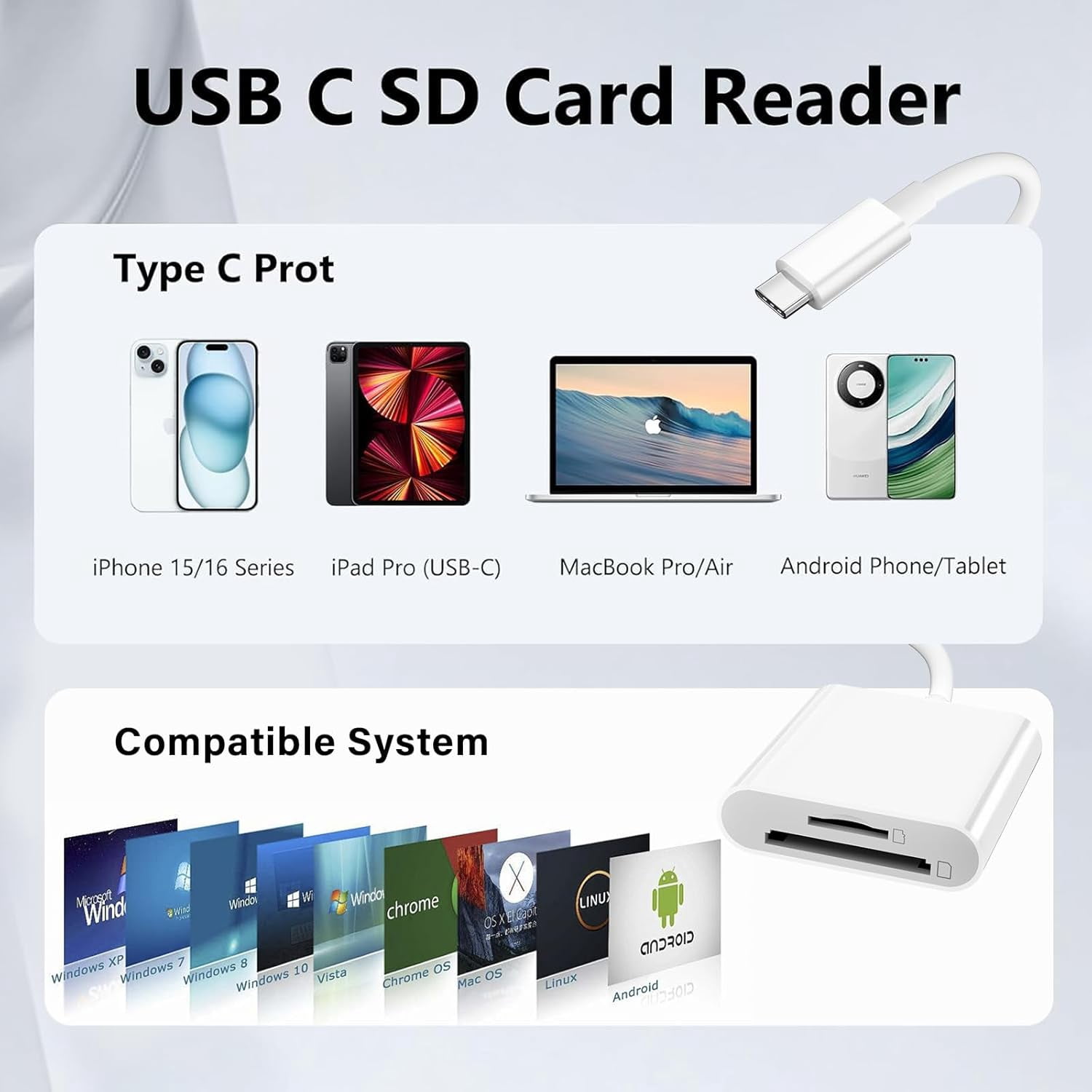 USB C SD Card Reader for iPhone 17/16/15 Series, USB-C to SD/Micro SD Memory Card Adapter for iPad/Mac Pro/Air, USBC/Type C Camera Card Reader for Phone, Laptop and More USBC Devices,Plug and Play