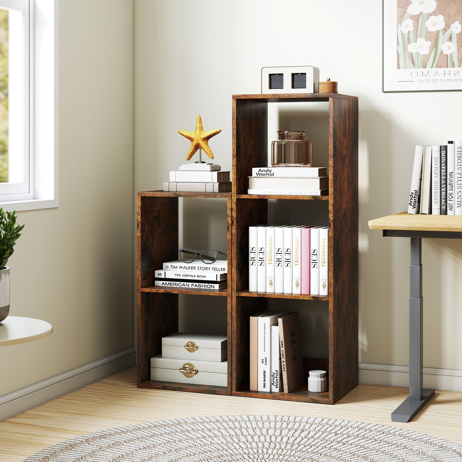 Gymax 2PCS 2-Cube Bookcase w/ Anti-tip Kit 2-Tier Open Back Bookshelf for Bedroom Brown