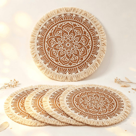 Round Boho Macrame Placemats Set of 4, Washable Heat Resistant Cotton Table Mats with Tassels, Rustic Dining Table Decor, 15 Inch