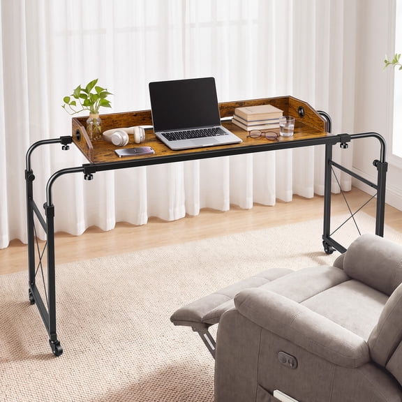 VEVOR Overbed Table 41.7"W x 14.2"D Mobile Bed Desk with Swivel Wheels, for Bedroom Living Room Home Office, Adjustable Height & Length, Rolling Table with Side Storage Pocket & Raised Edge, Brown