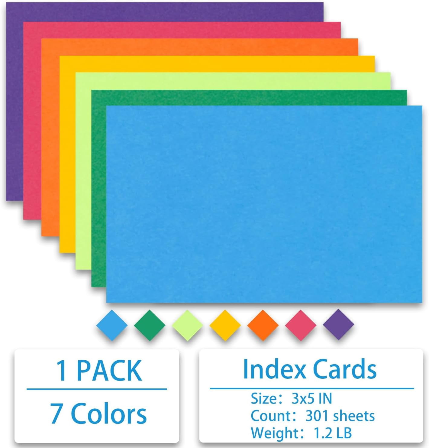 TT-Index Cards 301-Count 3x5 Inch,178GSM Heavyweight Set of 7 Colors Paper Multicolor Study Cards (Rainbow)
