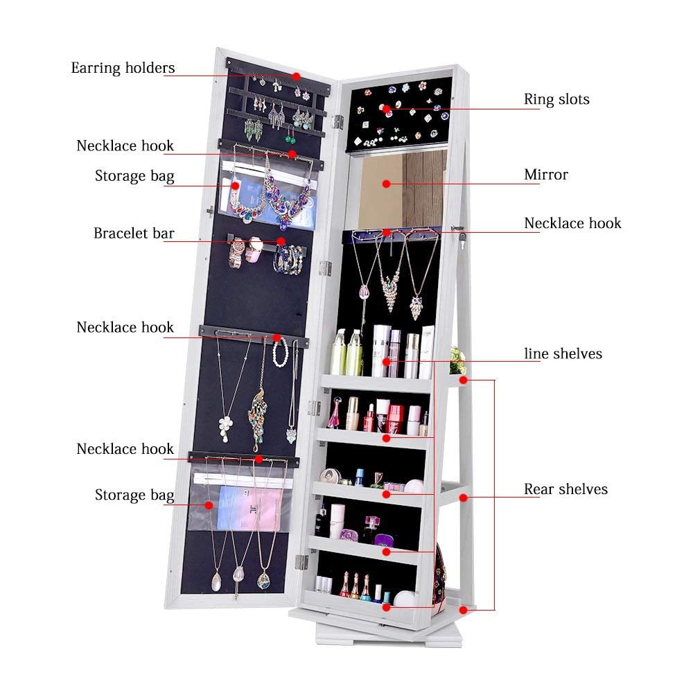 Woven Paths Adult Modern 360 Degree Rotatable Jewelry Armoire with Free-Standing Mirror, White