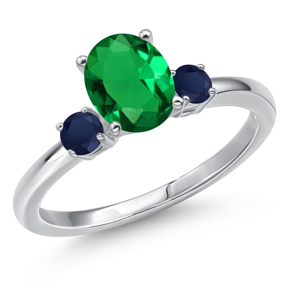 Gem Stone King 14K White Gold Green Nano Emerald and Blue Sapphire Engagement Ring for Women | 1.05 Cttw | Oval 8X6MM | Gemstone May Birthstone | Size 5