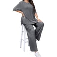 thumbnail image 4 of Plus Size Women 2 Piece Solid Casual Sets Short Sleeve Tops and Wide Leg Pants Outfit, 4 of 6