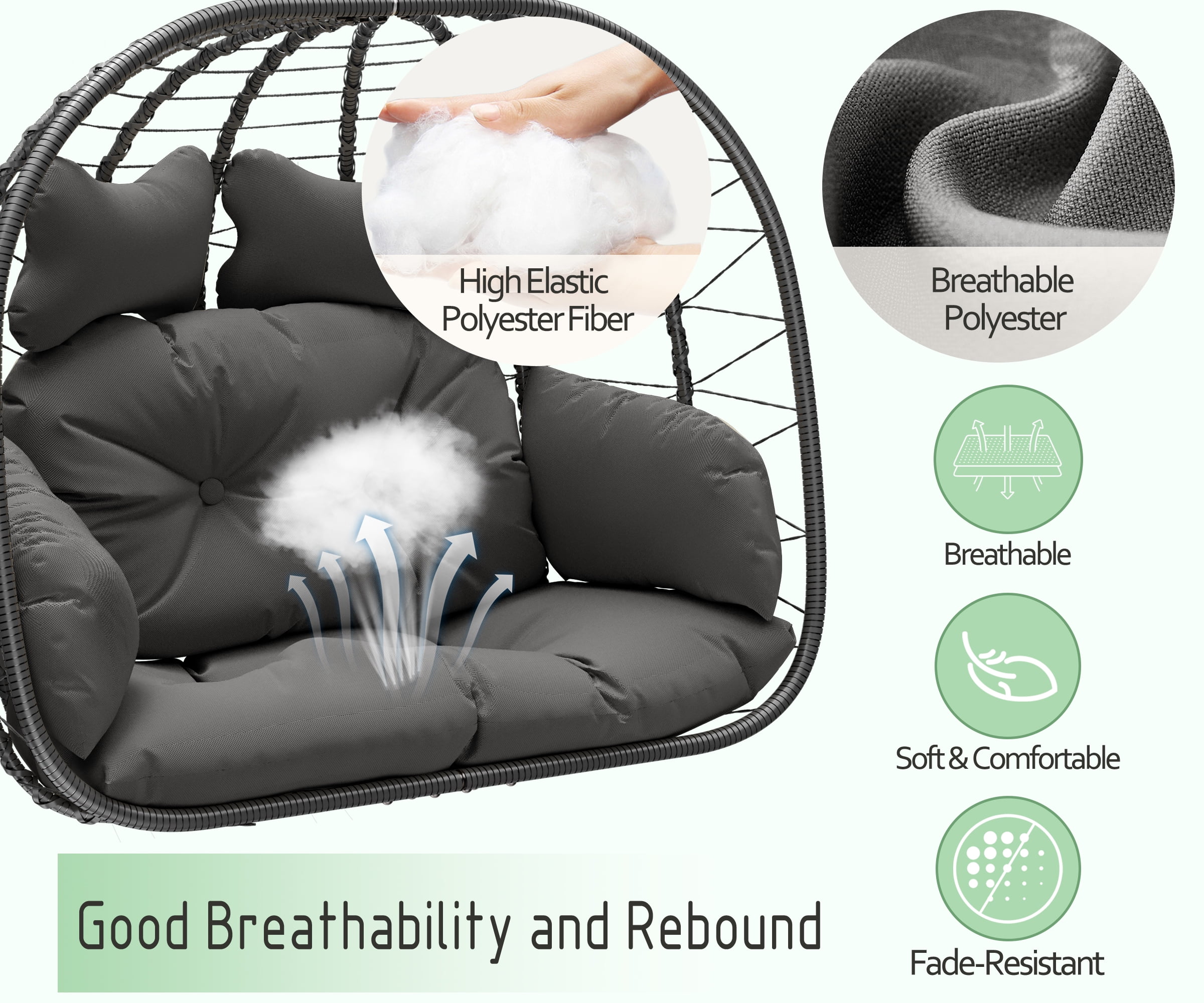 LHBcraft Double Wicker Swing Egg Chair Hammock Foldable Hanging Loveseat with Stand, UV Resistant Removable Cushions, 700LBS Capacity for Bedroom, Balcony (Black and Grey)