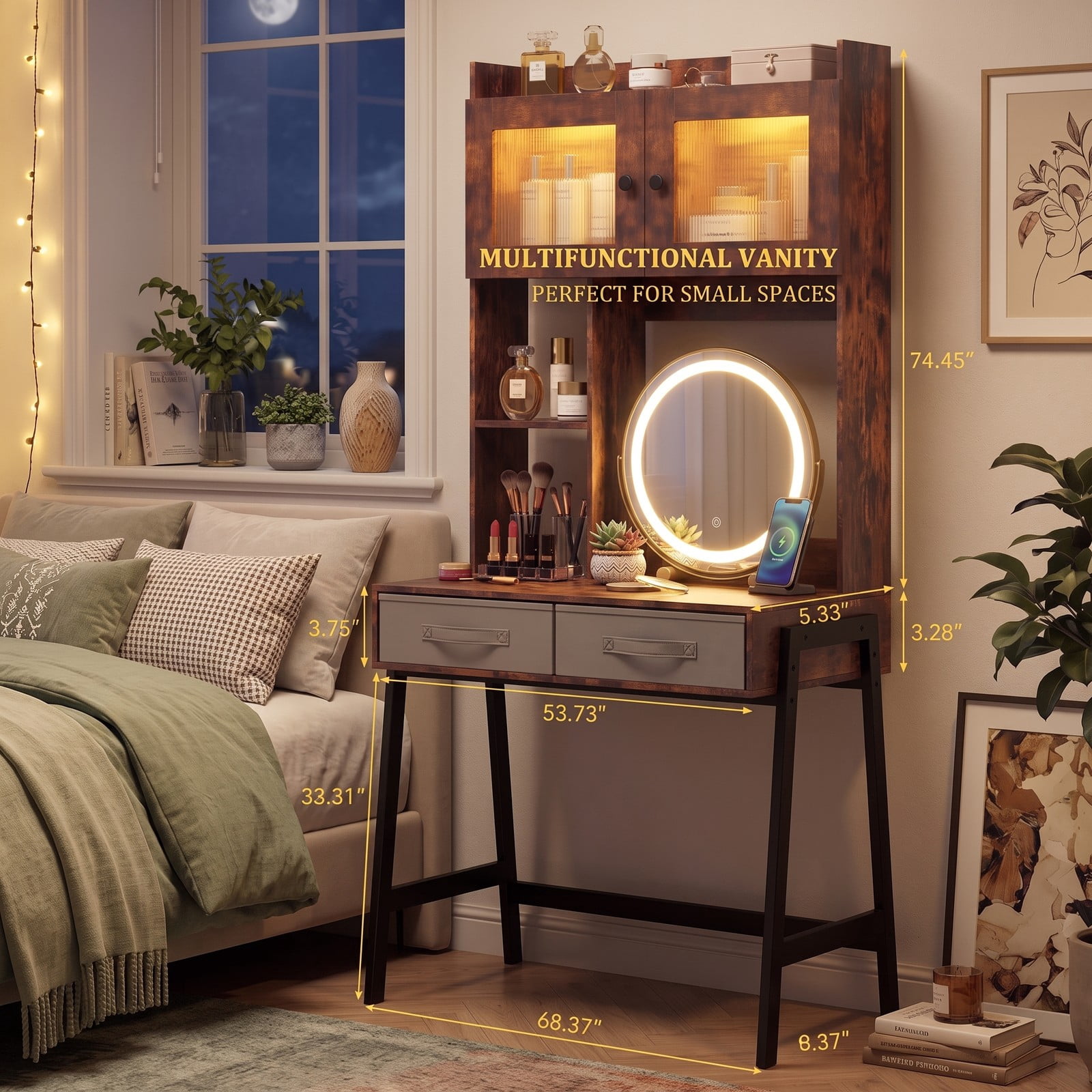 Furnibear Vanity Desk with 360 Degree Rotatable Lighted Mirror and Lighted Cabinet and Charging Storage Shelves, Rustic Brown