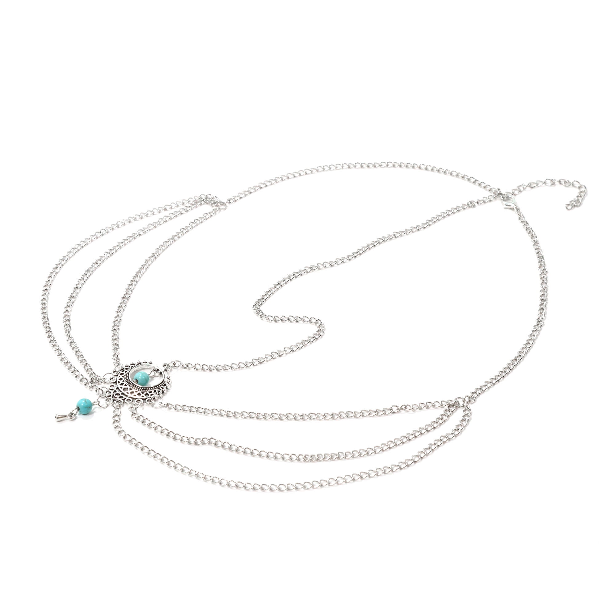 Unique Bargains Headpiece Multi-layered Turquoise Head Chain Silver Tone 1 Pc