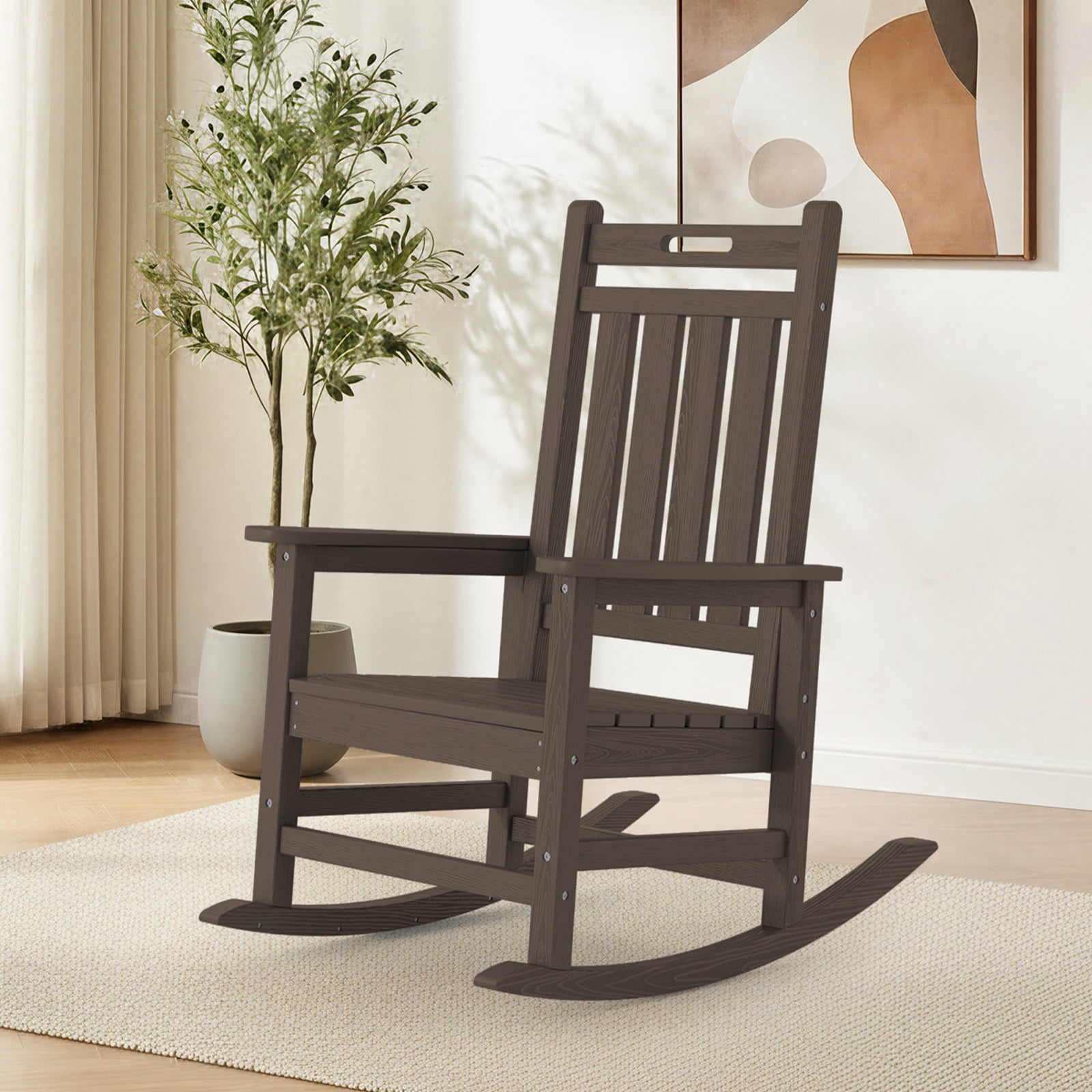 LOYALICE HDPE Outdoor Rocking Chair for Porch Patio, All-Weather High Back Rocker with Wood-Grain Texture, Heavy-Duty Deck Garden Seating, Fade-Resistant & Easy to Clean,Coffee