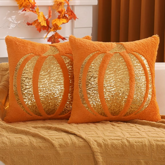 Fall Pillow Covers 18X18 Inch Set of 2 Orange Sequin Embroidery Pumpkin Throw Pillow Cases Halloween Thanksgiving Autumn Pumpkin Decor Pillowcases Square Cushion Covers