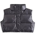 thumbnail image 4 of Women PU Puffer Vest Solid Color Stand Collar Quilted Waistcoat Fall Winter Padded Jacket Coat, 4 of 7