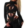 thumbnail image 1 of Wangscanis Combinaison une Pièce Slim pour Femmes, Manches Longues Col Haut en Maille Transparente Découpe Irrégulière pour Fête Boîte de Nuit, 1 of 9