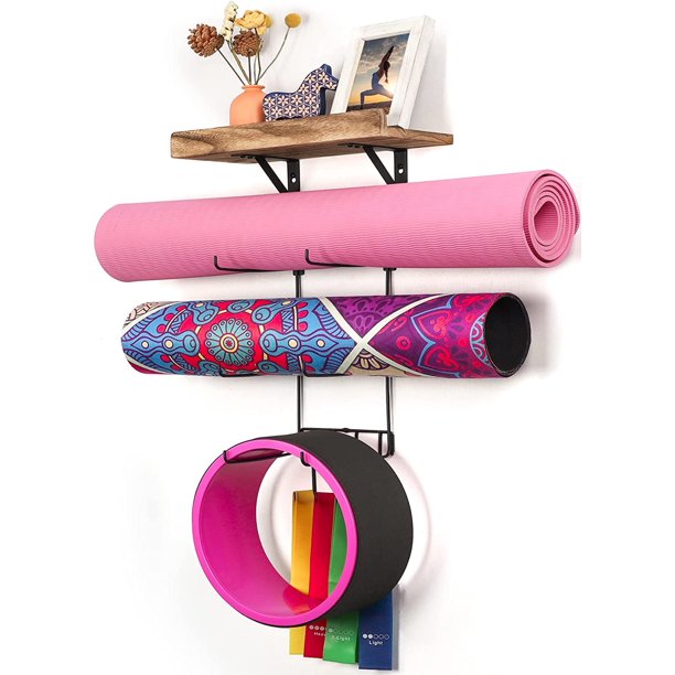 Soporte para esterilla de yoga para montaje en pared, almacenamiento de esterilla de yoga, accesorios de gimnasio para el hogar con estantes flotantes de madera y 4 ganchos para colgar rodillos de