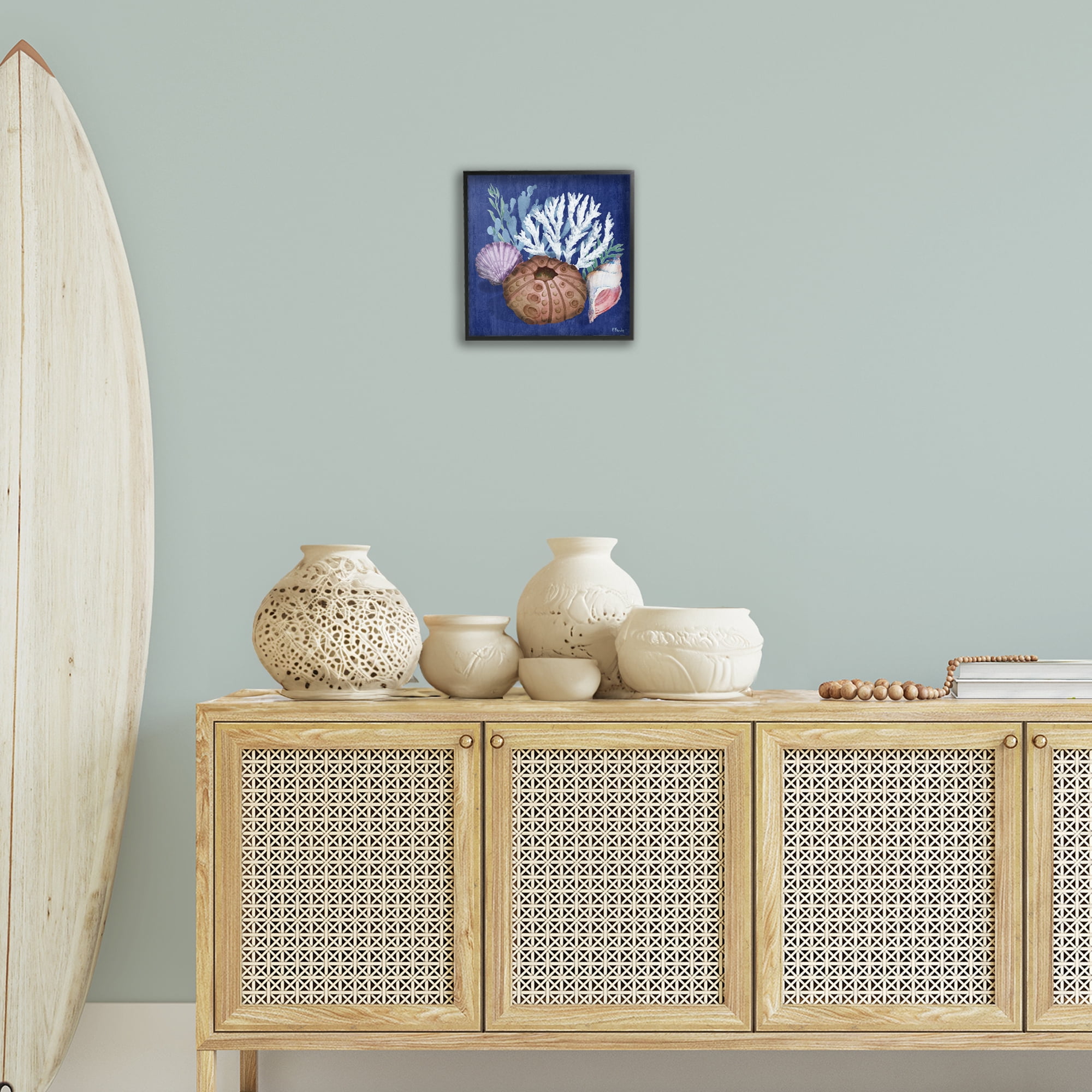 Stupell Industries Urchin & Coral Still Life Coastal Painting Black Framed Art Print Wall Art, 12 x 12