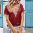 thumbnail image 2 of TIHLMK Womens Shirts Wine Fashion Women's Summer V-Neck Lace Patchwork Short Sleeve Top Blouse Gift for Womens Tops, 2 of 8