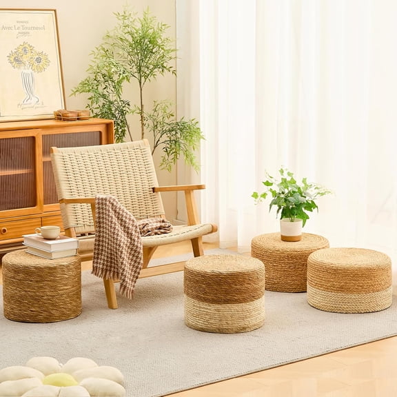 Round Pouf Ottoman Natural Hand Knitted Footrest Poof Rustic Lounge  Accent Table Seat